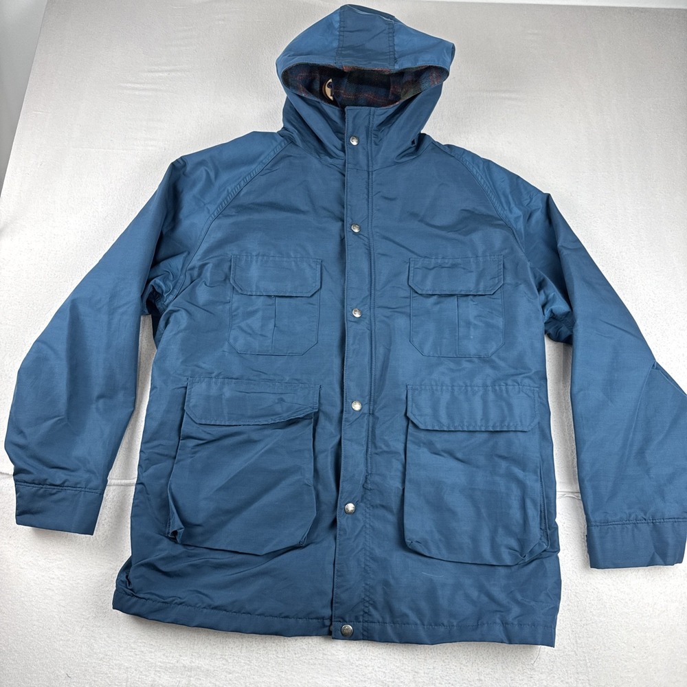 VTG Woolrich Mens Teal Chore Barn Jacket Flannel Lined L hooded Outdoor Camping